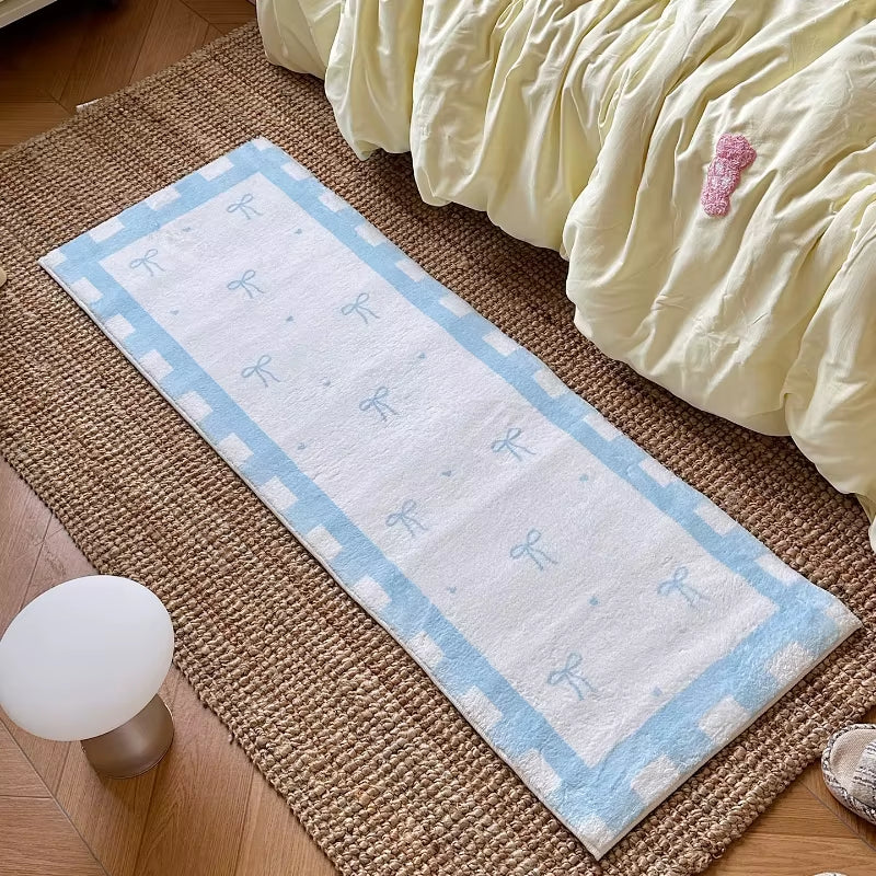 Bedroom Bedside Rug Blue Pink Bow Long Strip Soft Plush Carpet Ins Style Room Decor Runner Rugs Soft Fluffy Plush Floor Mat