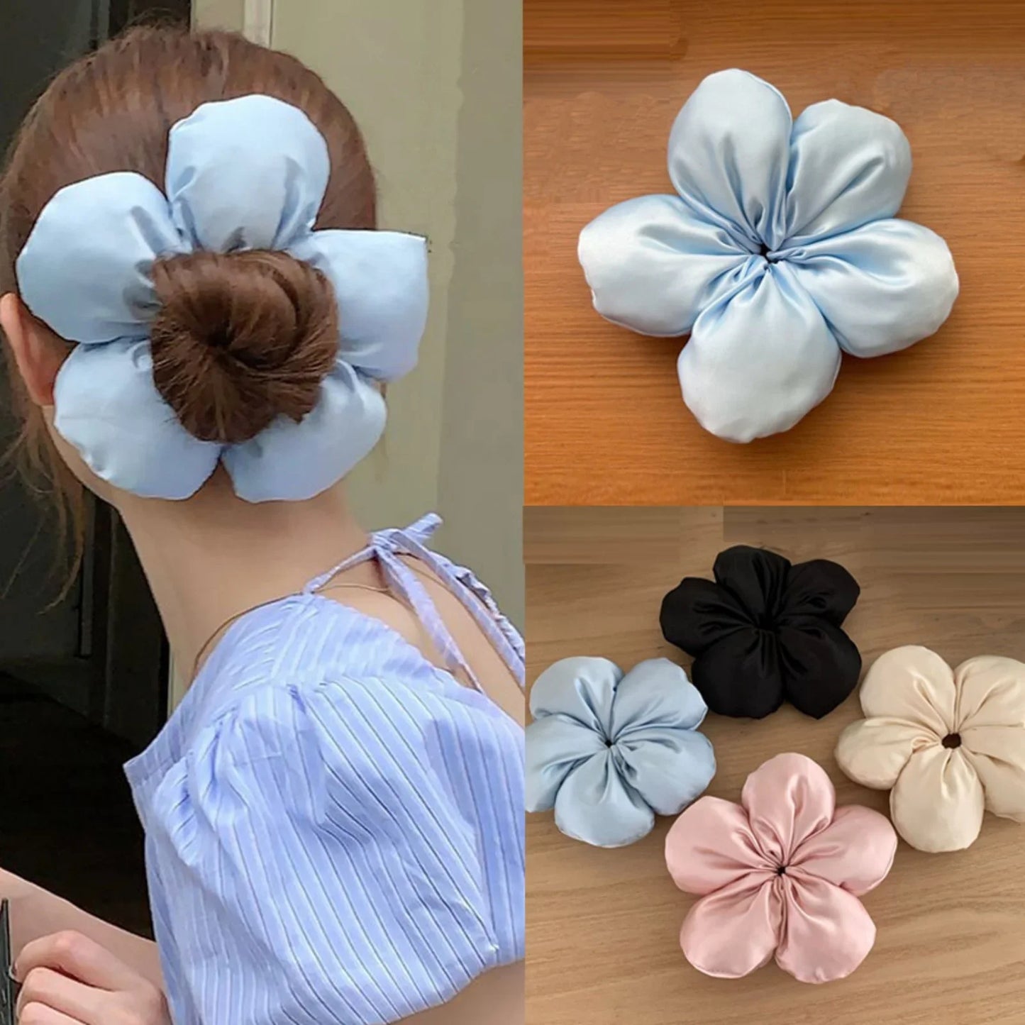 1PC Large Satin Flower Hair Scrunchies,Chic Blossom - Shaped Hair Ties,Multiple Colors for Women'S Stylish Updos