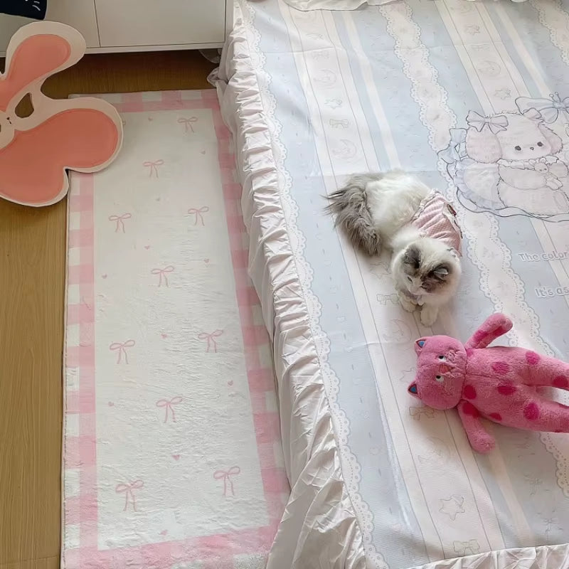 Bedroom Bedside Rug Blue Pink Bow Long Strip Soft Plush Carpet Ins Style Room Decor Runner Rugs Soft Fluffy Plush Floor Mat