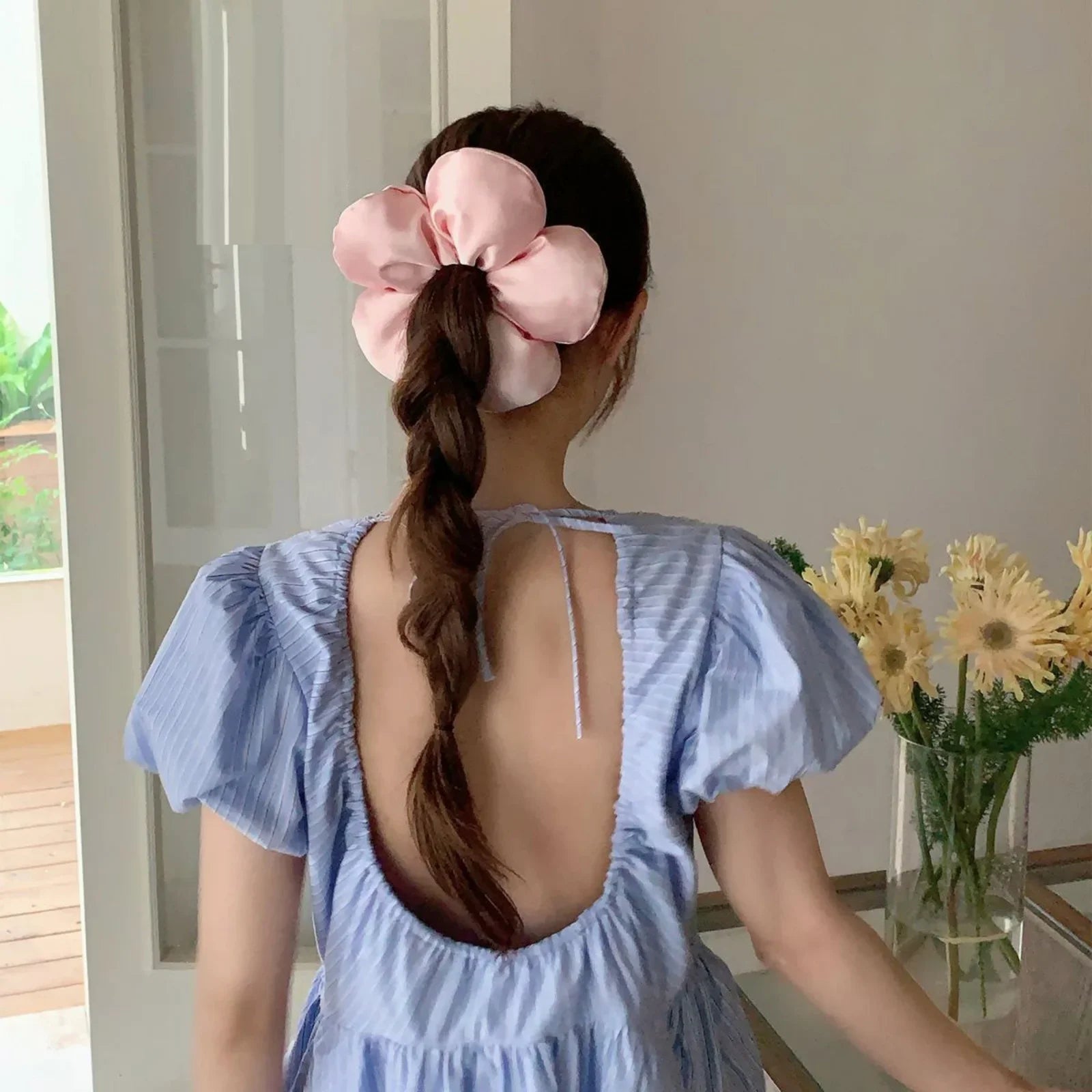 1PC Large Satin Flower Hair Scrunchies,Chic Blossom - Shaped Hair Ties,Multiple Colors for Women'S Stylish Updos